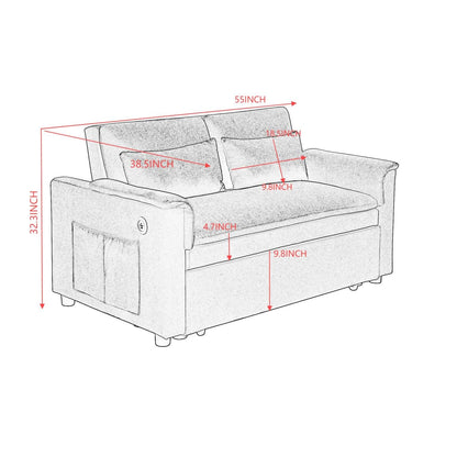 55" Convertible Futon Sofa Bed, Velvet 3 in 1 Sleeper Sofa, Pull Out Couch with USB Ports & 2 Waist Pillows, Adjustable Backrest Loveseat Sofa, Couches for Living Room, Apartment, Bedroom, Tangerine