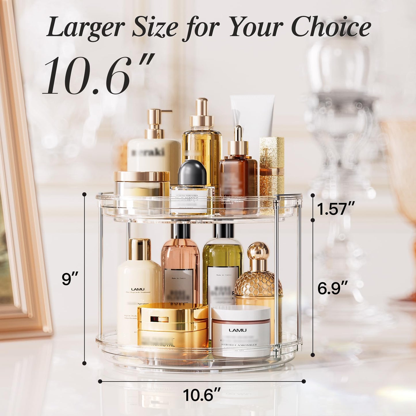 LAMU 4 Pack 10.6'' 2-Tier Lazy Susan Turntable Organizer Rotating Spice Rack Organization for Cabinet, Kitchen, Pantry, Countertop, Bathroom, Vanity, Makeup Organizer, Clear