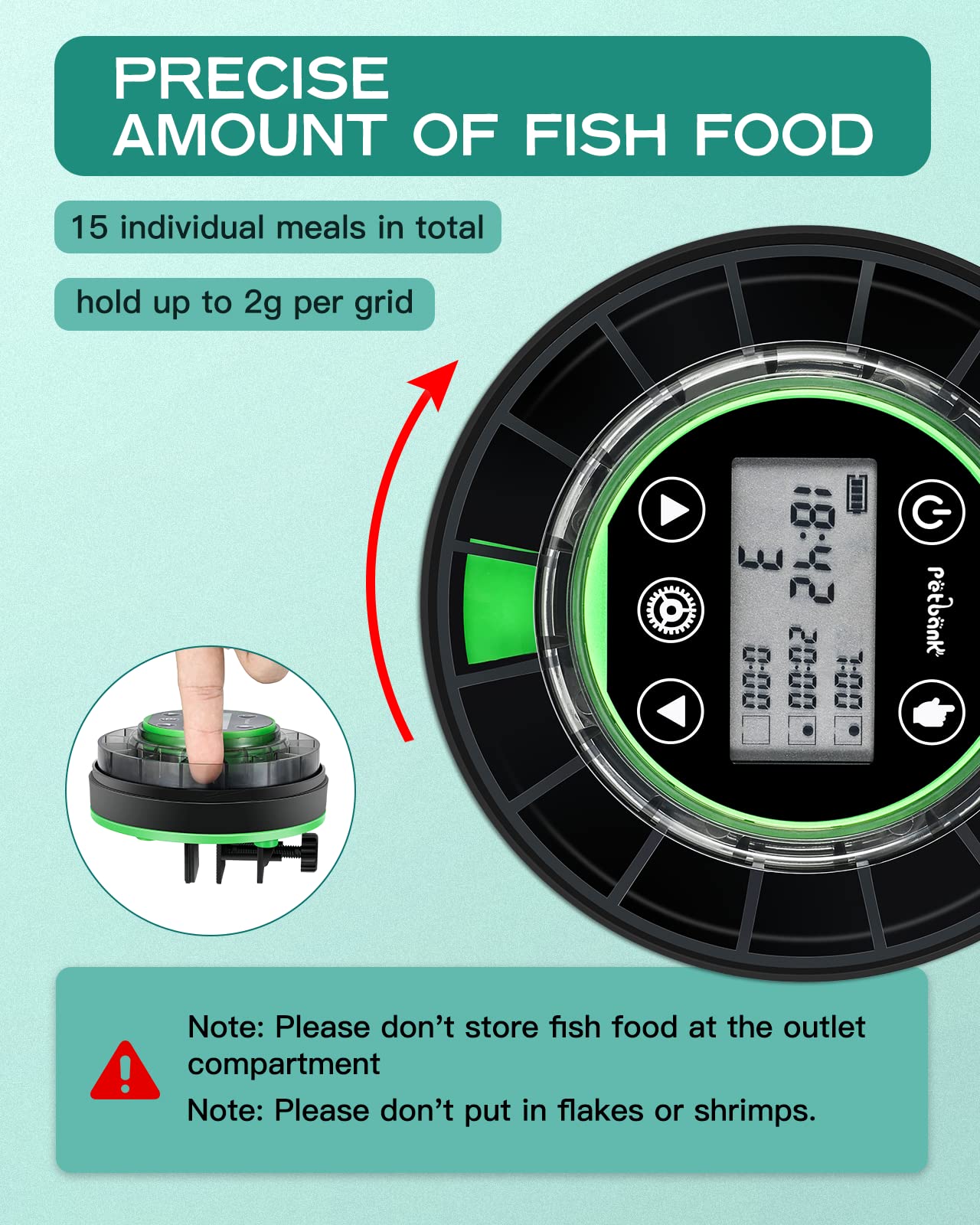 Petbank Automatic Fish Feeder for Aquarium - Moisture-Proof and Precision Feeding Betta Vacation Feeder, USB Rechargeable Auto Fish Food Dispenser with Timer,LCD Display
