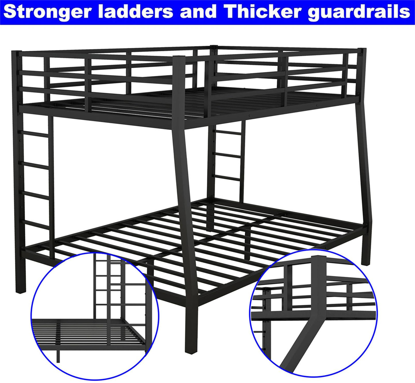 LEEKOUS Upgraded Version Heavy Duty Metal Full XL Over Queen Bunk Bed, Thicken Stronger Steel Full Over Queen Bunk Bed, Queen Size Bunkbed Frame for Adults, Easy Assembly, Black (Full XL Over Queen)