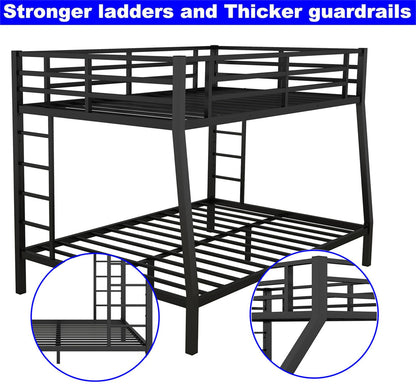 LEEKOUS Upgraded Version Heavy Duty Metal Full XL Over Queen Bunk Bed, Thicken Stronger Steel Full Over Queen Bunk Bed, Queen Size Bunkbed Frame for Adults, Easy Assembly, Black (Full XL Over Queen)