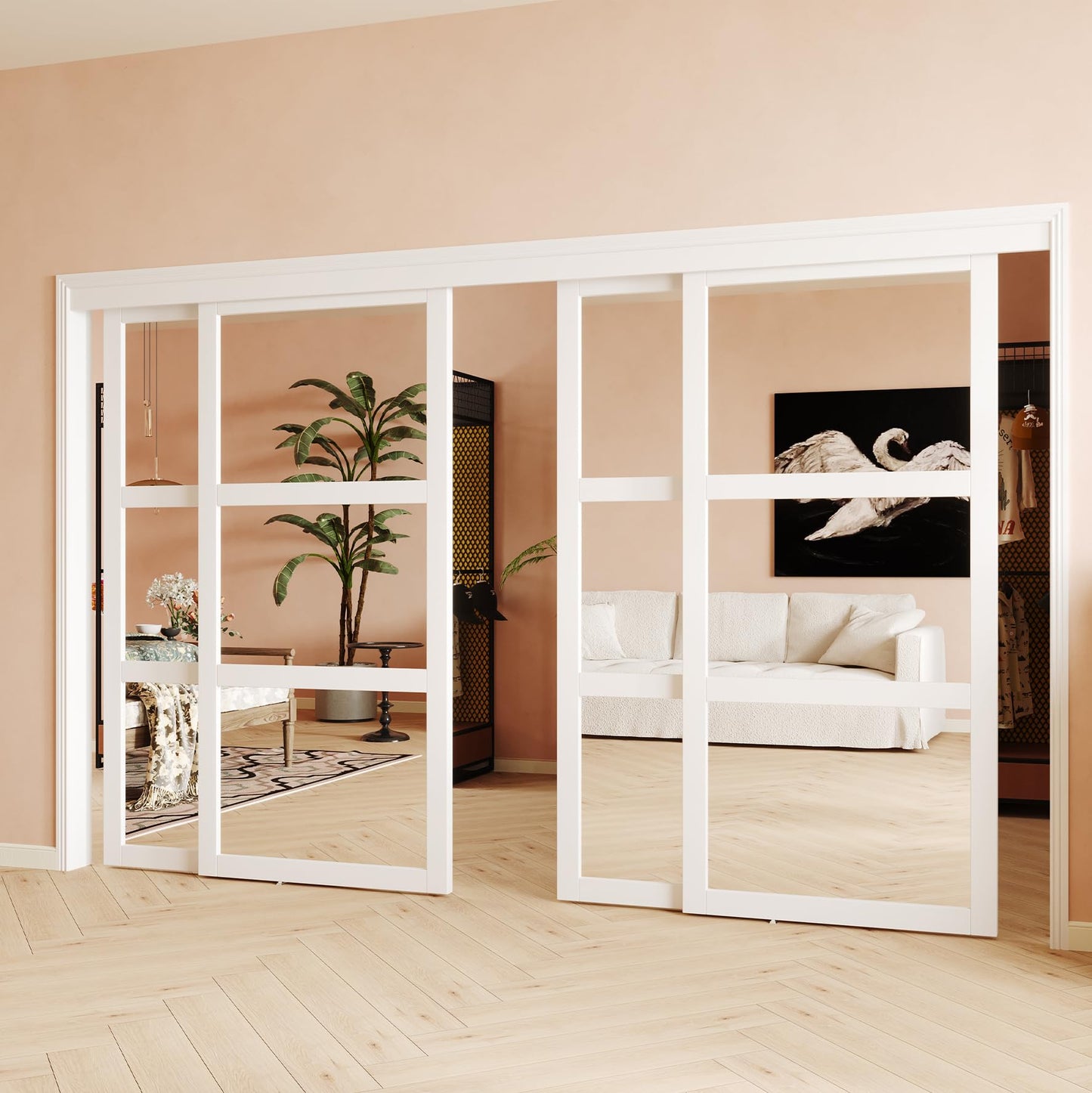 SOLRIG Mirror Closet Doors, Sliding Closet Doors for 60in (30.98in x 2) x 80in Openings, 3-Lite Mirror Design, Includes Hardware Track Kit and Floor Guide, Pre-Drilled for Easy Assembly, MDF, White