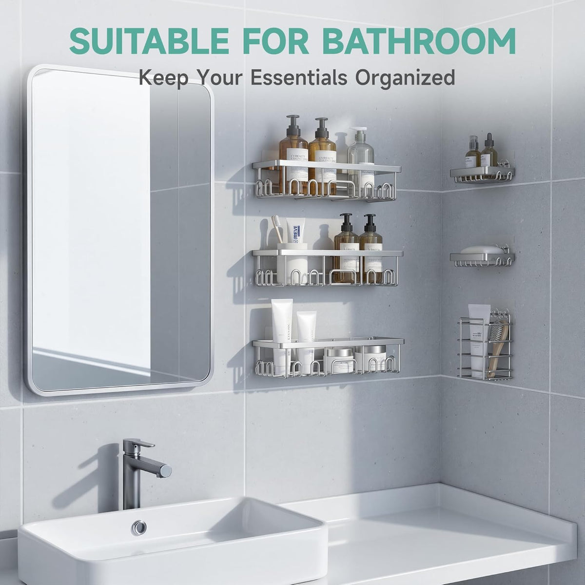 Veken Shower Caddy - Large Wall-Mounted Organizer with Soap Dish & Toothbrush Holder | 6-Pack Set