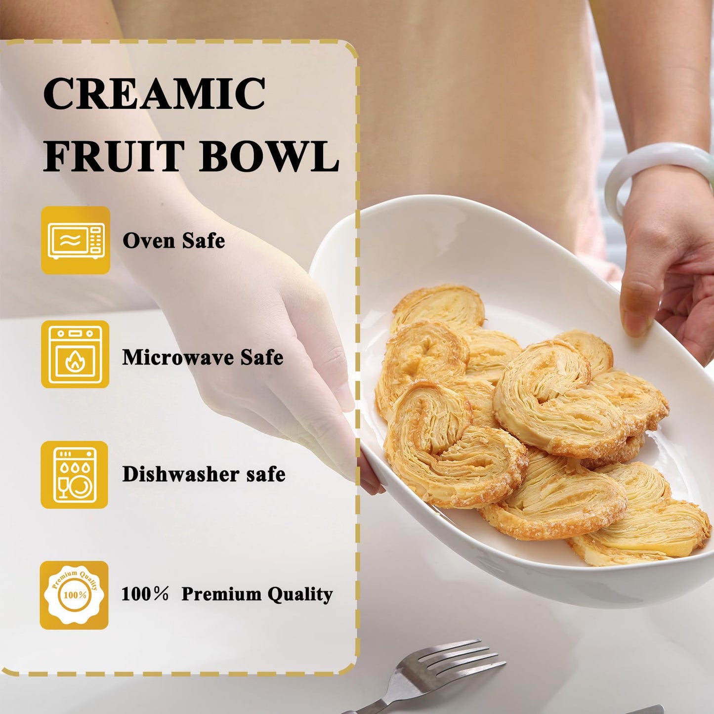 Large Size 2 Tier Ceramic Fruit Bowl,（13.4 and 11 inch Plate）More Storage Space, Golden Metal Stand for Kitchen Counter,Porcelain Fruit Basket for Countertop, Snack, Nuts, Cake, Dessert - White