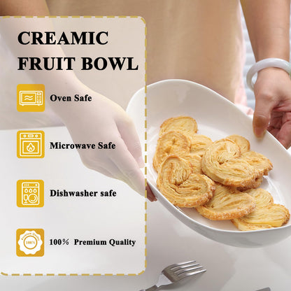 Large Size 2 Tier Ceramic Fruit Bowl,（13.4 and 11 inch Plate）More Storage Space, Golden Metal Stand for Kitchen Counter,Porcelain Fruit Basket for Countertop, Snack, Nuts, Cake, Dessert - White