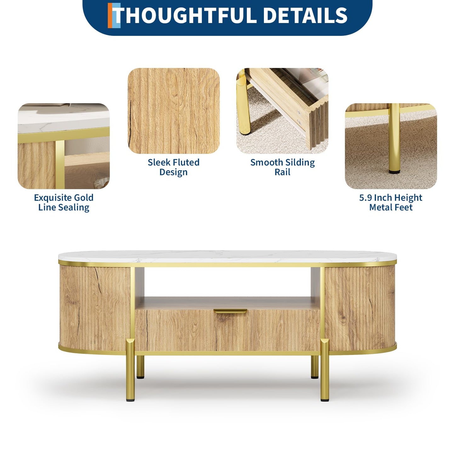 Modern Luxury Oval Coffee Table with Drawer, 48" Fluted Coffee Table with Faux Marble Top, Curved Profile Design, Gold Metal Decor, Center Table for Living Room- Natural Oak