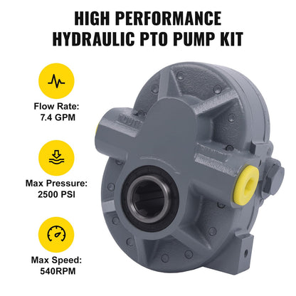Hydraulic PTO Pump 7.4 GPM, Hydraulic Motor 540RPM 2500PSI, Hydraulic Power Take Off Pump SAE 16" Inlet and SAE 12" Outlet for Dump Trailer, Log Splitter and Scissor Lift