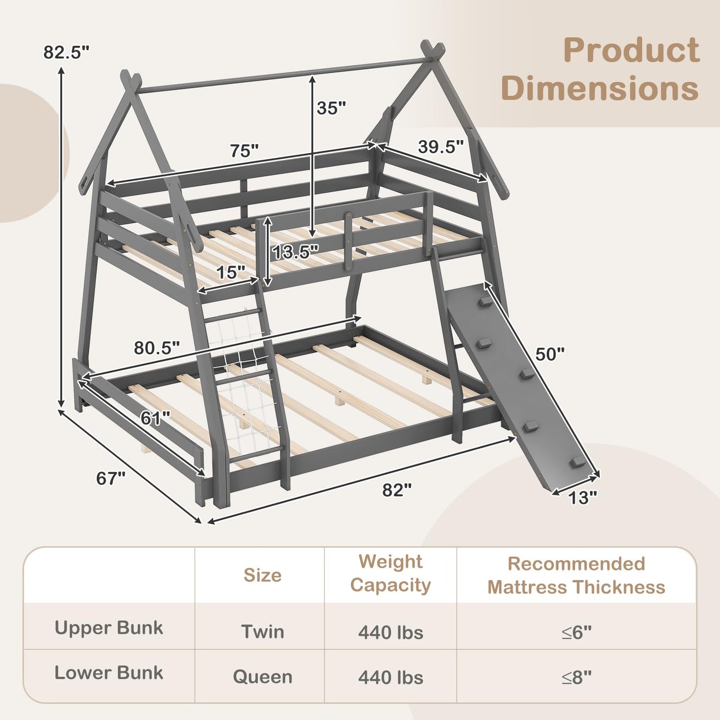 KOTEK Twin Over Queen Bunk Bed, House Bunk Beds with Climbing Nets and Ramp, No Box Spring Needed, Solid Wood Low Bunk Bed Frame for Kids Boys Girls (Grey)