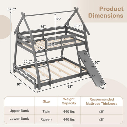 KOTEK Twin Over Queen Bunk Bed, House Bunk Beds with Climbing Nets and Ramp, No Box Spring Needed, Solid Wood Low Bunk Bed Frame for Kids Boys Girls (Grey)