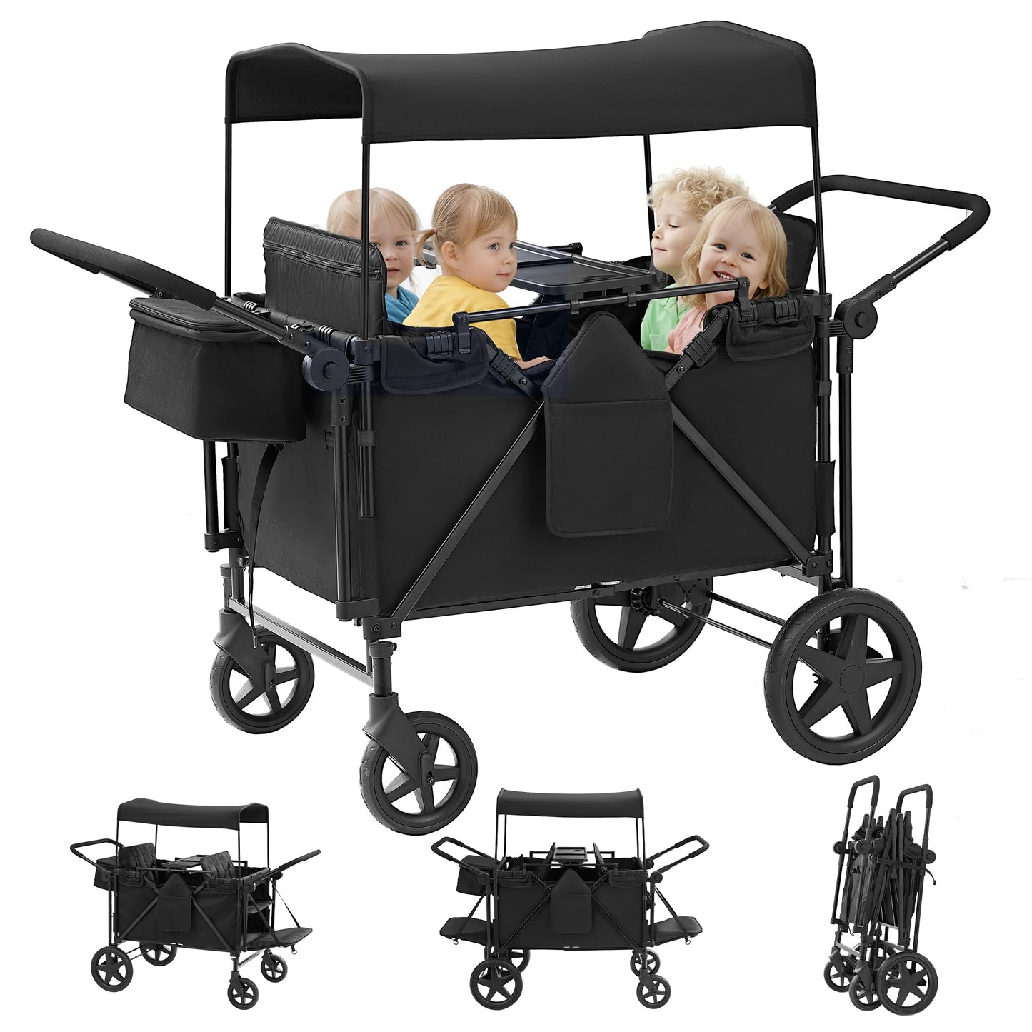 Stroller Wagon for 4 Kids, 4 Seater Wagon Stroller with Convertible Seats Footrests, Snack Tray, Storage Bag, Removable Canopy, Wagon Stroller 4 Seater with Double Push Handle (Black-Convertible)