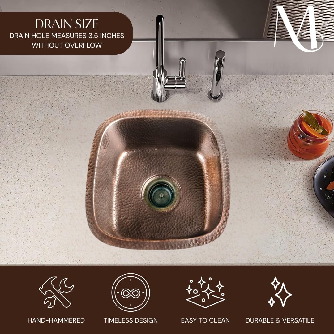 Monarch Abode Kitchen & Bar Sink – 15-inch Atlas Dual Mount Drop in Kitchen Sink, Hand Hammered Pure Copper Sinks, Drop in Bar Sinks or Undermount, Deep Single Bowl