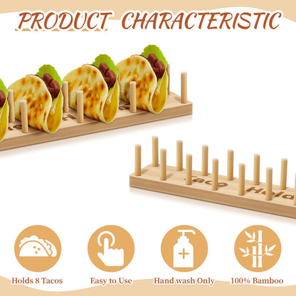 Pinkunn 4 Pcs Bamboo Taco Tray Holder Holds 8 Rack Tray Soft or Hard Shell Tacos Food Serving Stand for Tortillas Burritos Kitchen Accessory Housewarming Gift