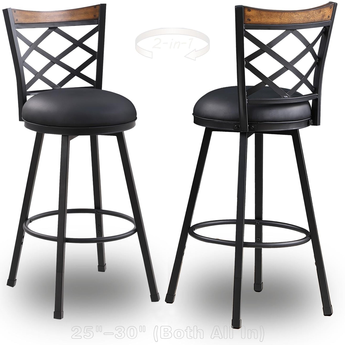 MIITODAY Set of 2 Swivel Bar Stools with Backs, 2-in-1 Adjustable 25"/30" Height, Farmhouse Kitchen Counter Chairs, Heavy Duty Industrial Metal & Black Faux Leather Seat