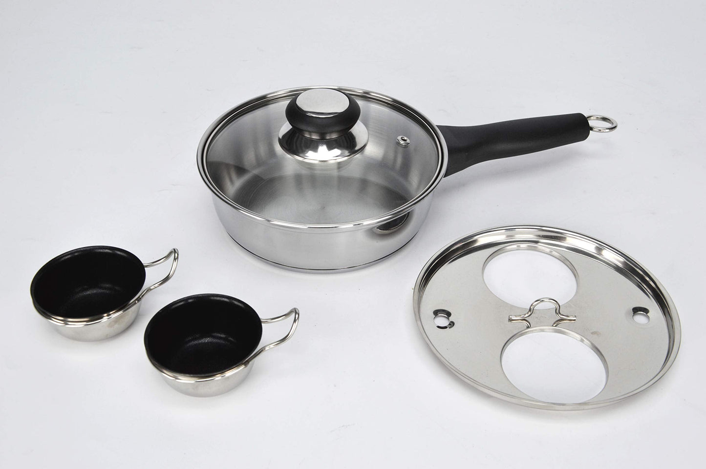 RUNZI 2 Cups Egg Poacher Pan - Stainless Steel Poached Egg Cooker – Perfect Poached Egg Maker – Induction Cooktop Egg Poachers Cookware Set with 2 Nonstick Large PFOA FREE Egg Poacher Cups…