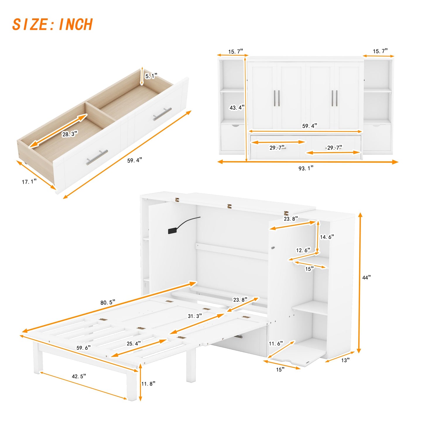 Merax Murphy Bed Queen Size Cabinet with Storage 2 Drawers 6-Layer Shelves and USB Ports, Wood Versatile Platform Bed Frame