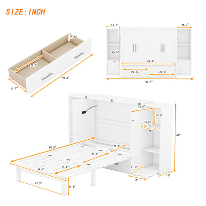Merax Murphy Bed Frame Queen Size Cabinet with Shelves, 2 Drawers and USB Ports, Wood Versatile Platform Wall Bed