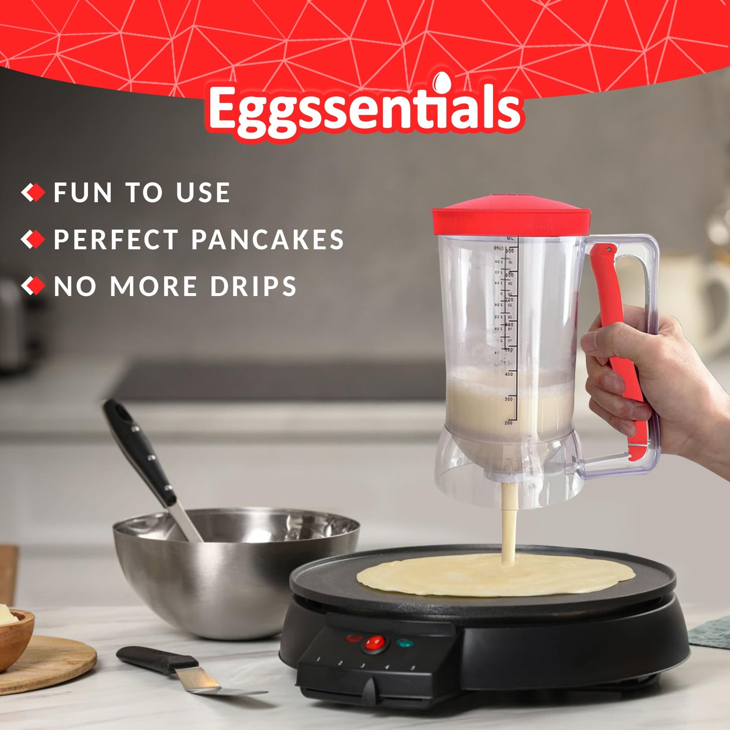 Eggssentials Pancake Batter Dispenser - Poached Egg Maker, Stainless Steel Egg Poaching Pan