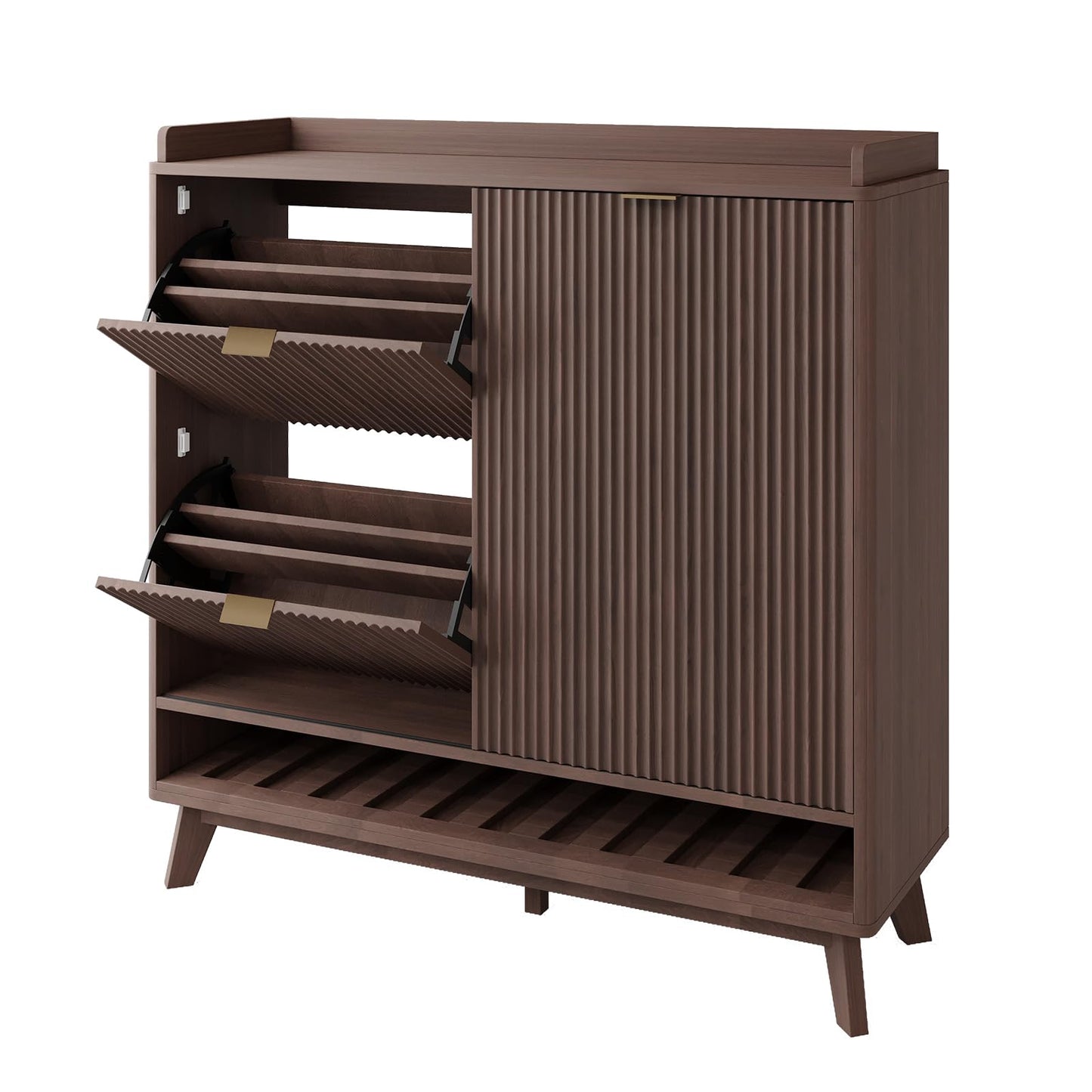 GarveeHome Narrow Fluted Shoe Cabinet Storage for Entryway, Wood Large Freestanding Shoe Organizer Cabinet with Sliding Door, 2 Flip Drawers, Adjustable Shelves Rack & Bottom Open Shelf