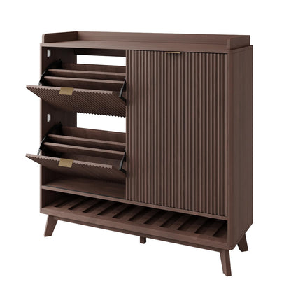 GarveeHome Narrow Fluted Shoe Cabinet Storage for Entryway, Wood Large Freestanding Shoe Organizer Cabinet with Sliding Door, 2 Flip Drawers, Adjustable Shelves Rack & Bottom Open Shelf