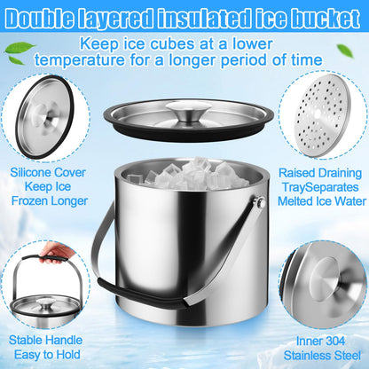 meekoo 4 L Double Wall Insulated Ice Bucket with Lid, Scoop, Strainer, Handle Large Stainless Steel Wine Ice Bucket Upgraded Cover Keep Frozen Longer for Cocktail Bar Parties(Silver)