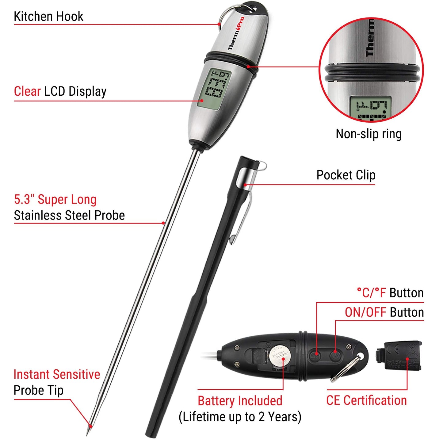 ThermoPro TP02S Digital Food Thermometer for Cooking Bread Baking Sourdough Liquids, Meat Thermometer Digital with Super Long Probe for Grill Kitchen BBQ Oil Milk Yogurt Candy Making Accessory