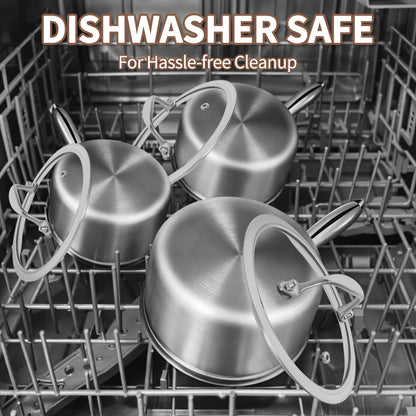 EWFEN 3 Ply Stainless Steel Sauce Pan Set with Lids, 1 & 2 Quart Multipurpose Cooking Pot, Stay-Cool Handle, Induction Oven Dishwasher Safe, 1QT & 2QT