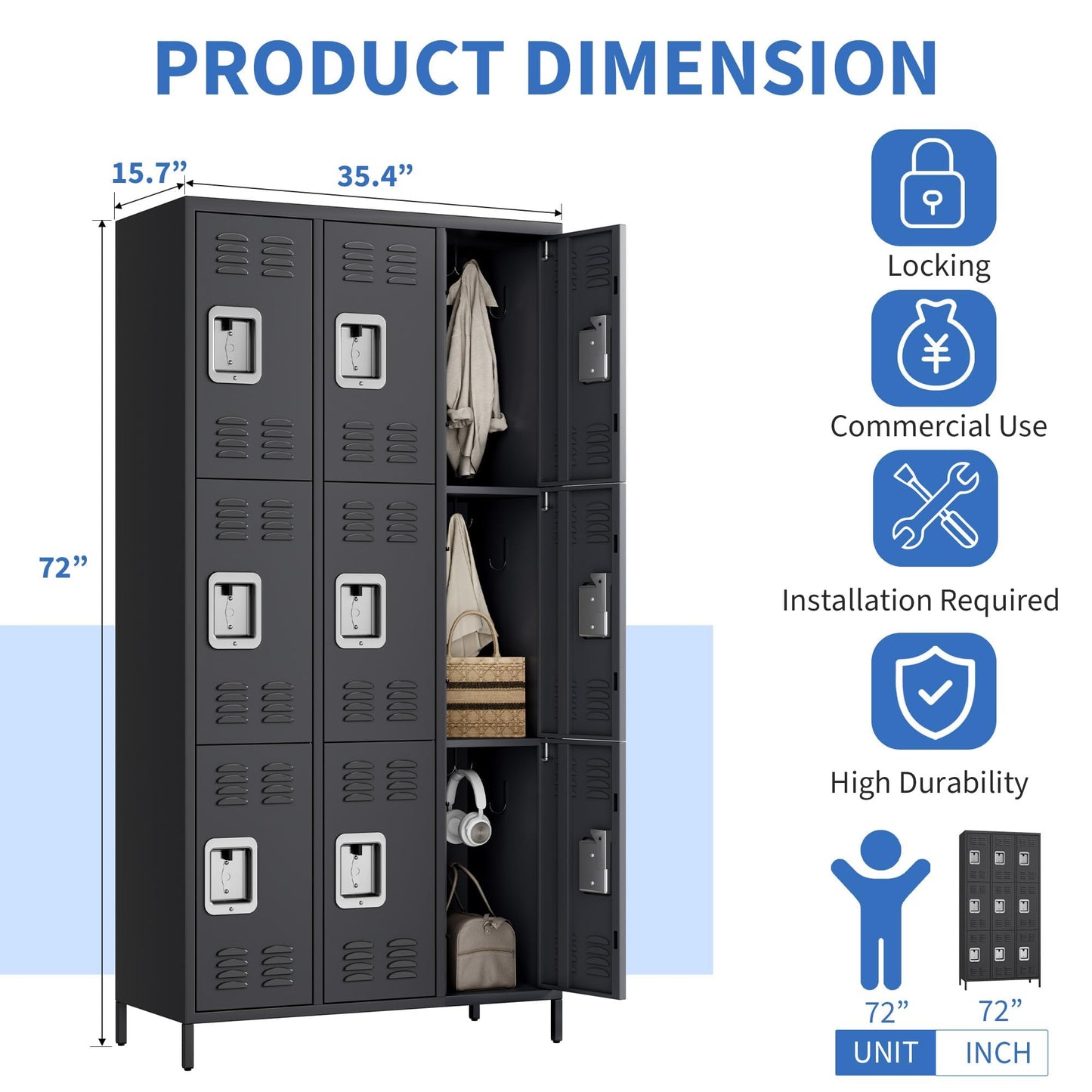GAOMON 9 Doors Employee Lockers for Office, Metal Sorage Locker Combination, Lockable Employees Metal Locker with Door, Industrial Storage Lockers for Home, School, Gym (9 Doors)