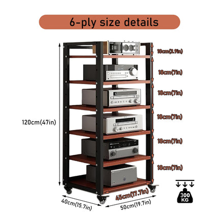 Dernoing 6 Tier Audio Rack Tower, CD Record Player Stereo Receiver AV Equipment Cabinet Display Rack, Weight Capacity 661 lbs, with Adjustable Wooden Shelves for Home (6 Tier Teakwood)