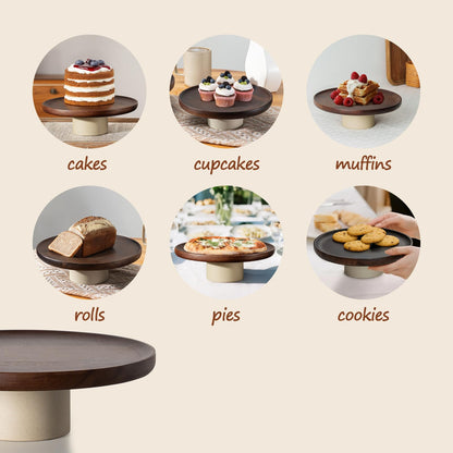 CEEFU 11 inch Rustic Acacia Wood Cake Stand - Natural Wooden Clay Wedding Cake Pedestal Serving Stand for Cupcake Dessert Bites Display in Party, Birthday, Beautiful Farmhouse Kitchen Decor