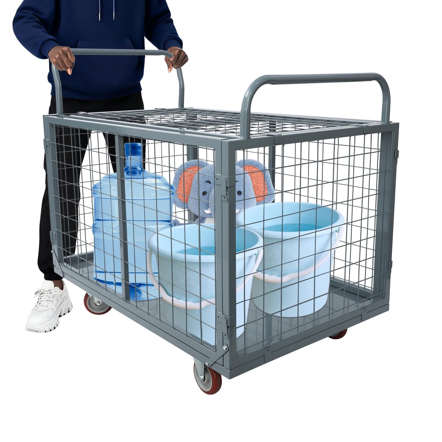 2200lbs Platform Truck Cart with Cage, 5-in-1 Heavy Duty Hand Truck Flatbed Cart with Swivel Casters, Multi-Purpose Push Dolly for Grocery,Laundry,Warehouse,Garage