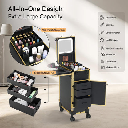 Rolling Portable Manicure Table with 3 Drawers, Lockable Makeup Train Case with Detachable Mirror, Foldable Nail Desk with Wheels & Handle, Mesa de Uñas Profesional para Nail Techs & Salon Use, Gloden