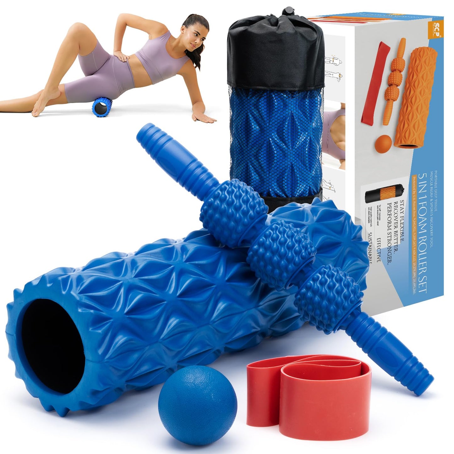 5 in1 Foam Roller Set, Trigger Point Foam Roller, Massage Roller Stick, Massage Ball, Resistance Band for Deep Muscle Massage Pilates Yoga,Fitness Exercise for Whole Body (Black-Red)