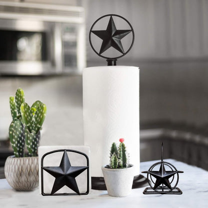 Black Rustic Texas Star Paper Towel Holder, Napkin Holder, Salt and Pepper Shakers Holder, Country Farmhouse Iron Kitchen Counter Accessory Set Holders (Paper Towel, Napkin, S&P Holder (3 Piece Set))