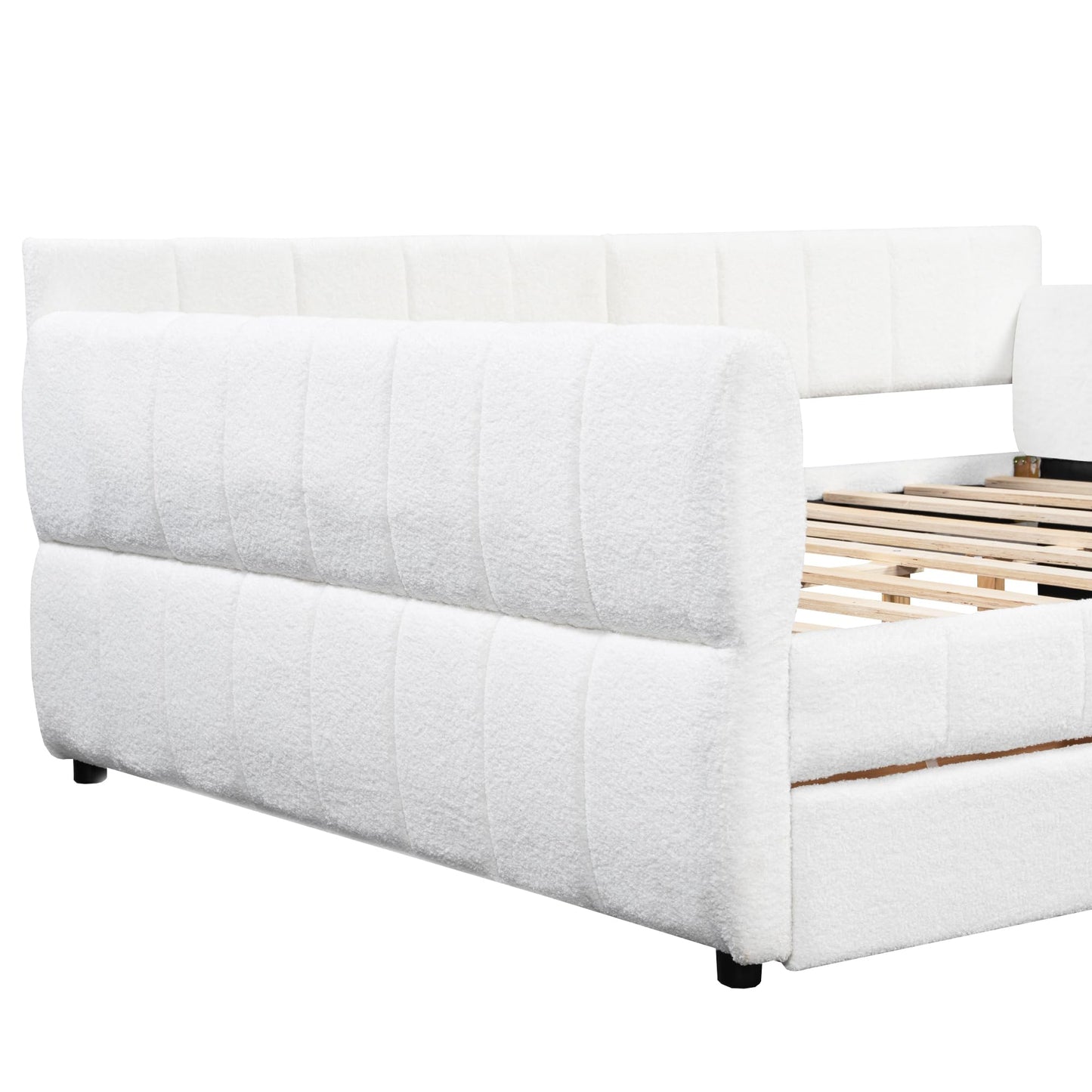 Merax Queen Size Lambswool Daybed, Upholstered Platform Day Bed with USB and 2 Drawers,U-Shaped Space Saving Corner Sofabed for Kids, Teens & Adults, Wood Slat Support,White