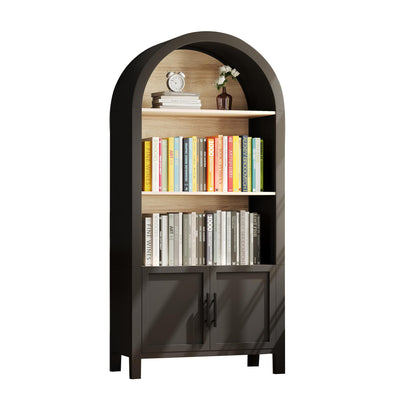 KEIKI 66.7" Tall Arched Bookshelf, Modern Bookcase with 3-Tier Storage Shelf & Cabinet, Large Wooden Open Display Book Shelves, Space-Saving Corner Book Shelf for Home Office Living Room, Black