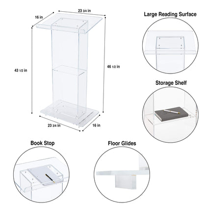 OEF Furnishings CoreGhost Series Commercial-Grade Modern Clear Acrylic Lectern with Shelf (24-inch Reading Surface)
