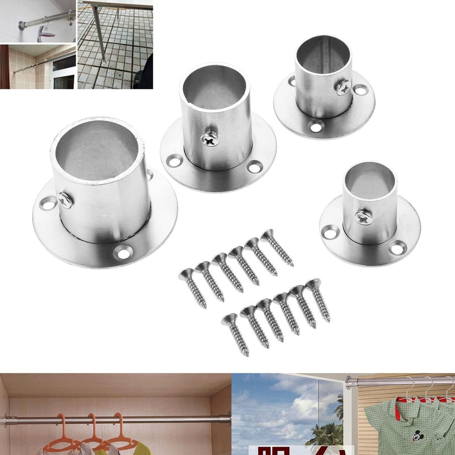 MroMax 304 Stainless Steel Wardrobe Pipe Bracket - 0.87 Inch Dia, Wall Mount Hanging Rail Rod Support Socket