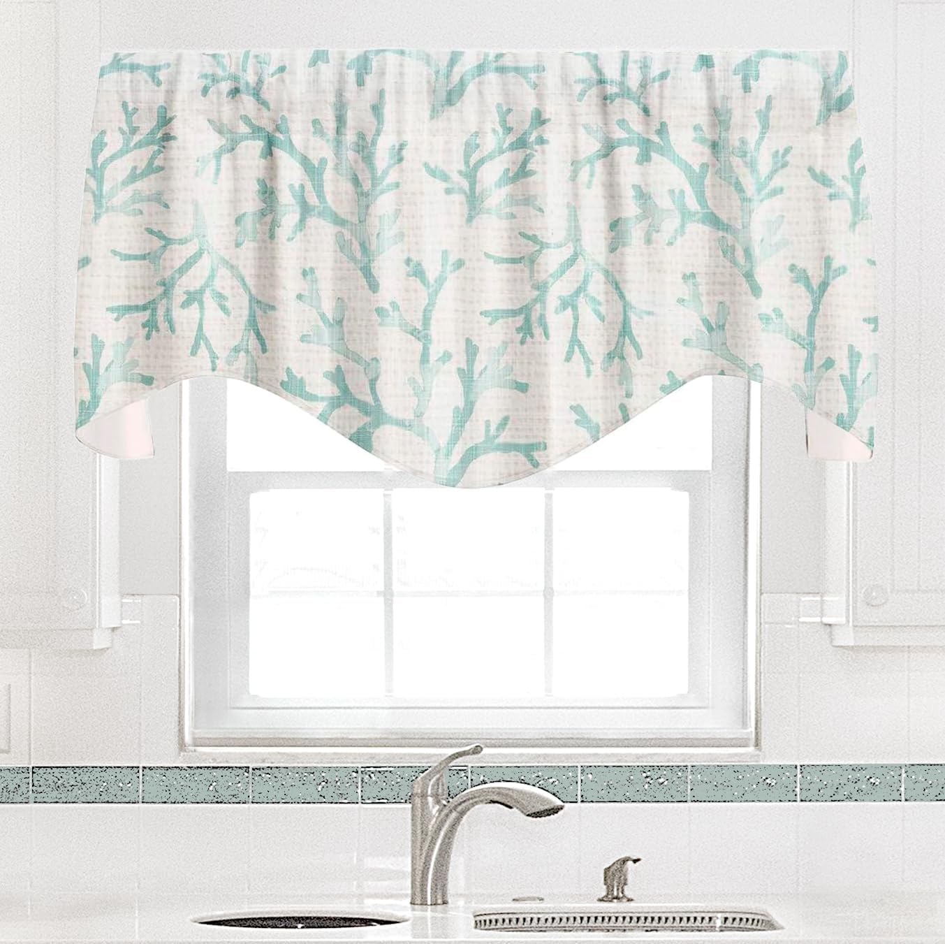 Turquoise Blue Valances for Windows, 53x18 Inches Cotton Curtains for Kitchen or Living Room Beach Coastal Decor
