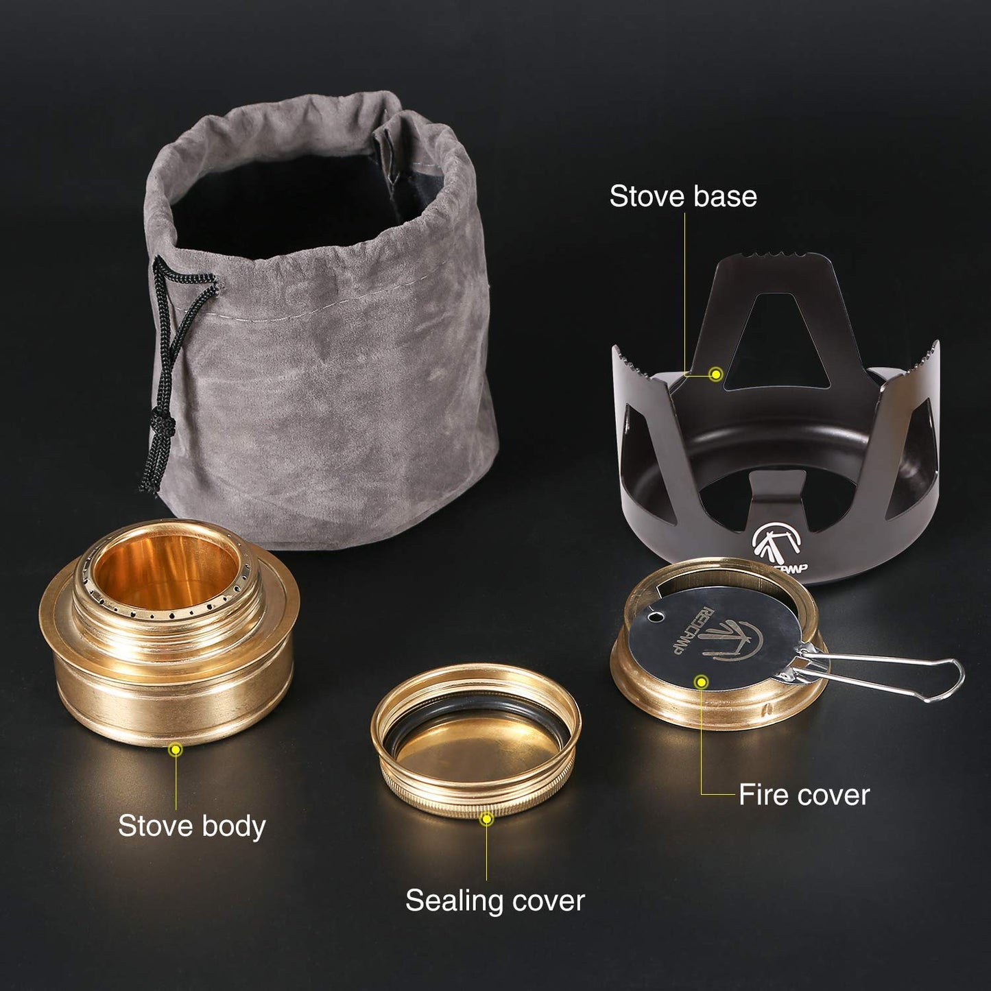 REDCAMP Mini Alcohol Stove for Backpacking, Lightweight Brass Spirit Burner with Aluminium Stand for Camping Hiking, Black