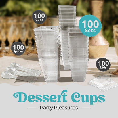 Sammray 100 Pack 5 oz Dessert Cups with Lids and Spoons – Plastic Parfait Cups for Appetizer and Desserts be it, Mousse, Tiramisu, Pudding, or salads - Perfect for Parties