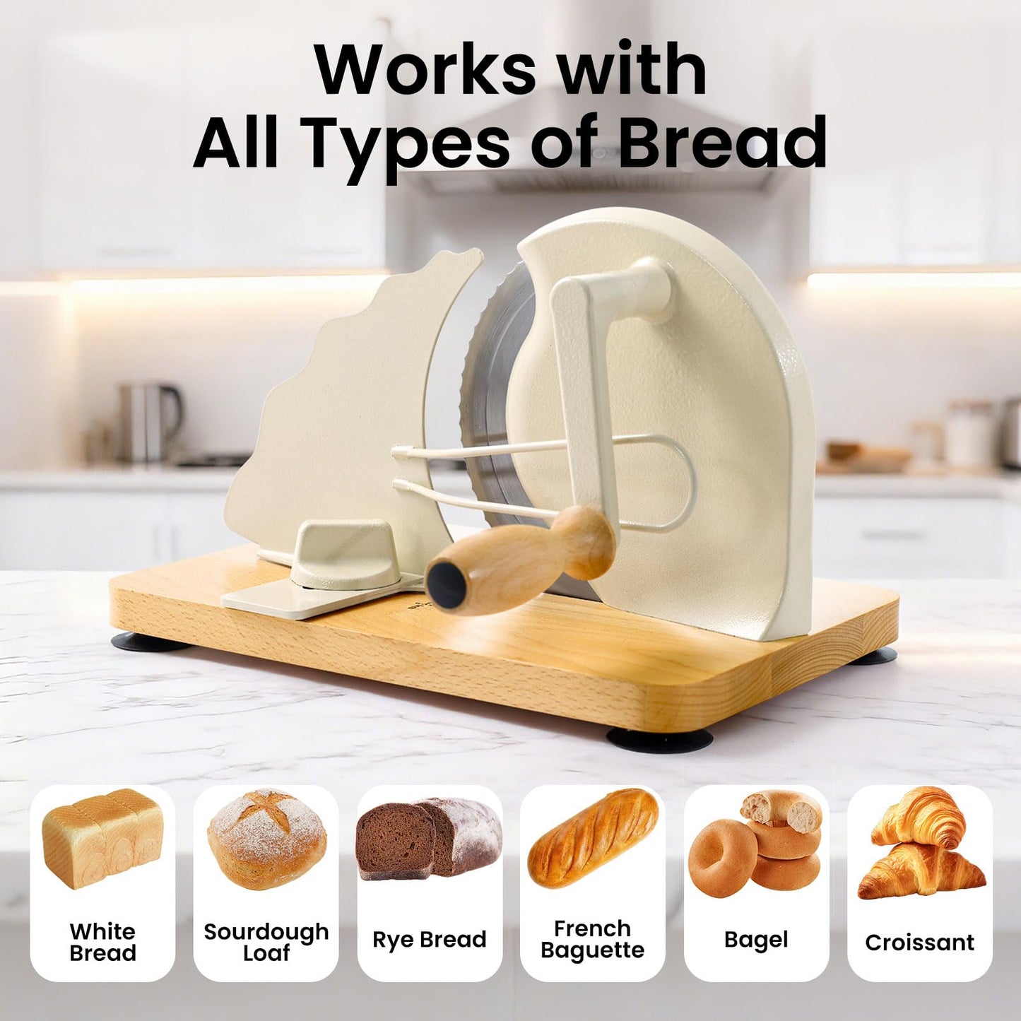 Manual Bread Slicer for Homemade Bread, Bread Cutter for Adjustable and Even Slices, Classic Hand Crank Sourdough Slicer with Scale Line & Powerful Suction Cup, Sharp Stainless Steel Blade (Cream)