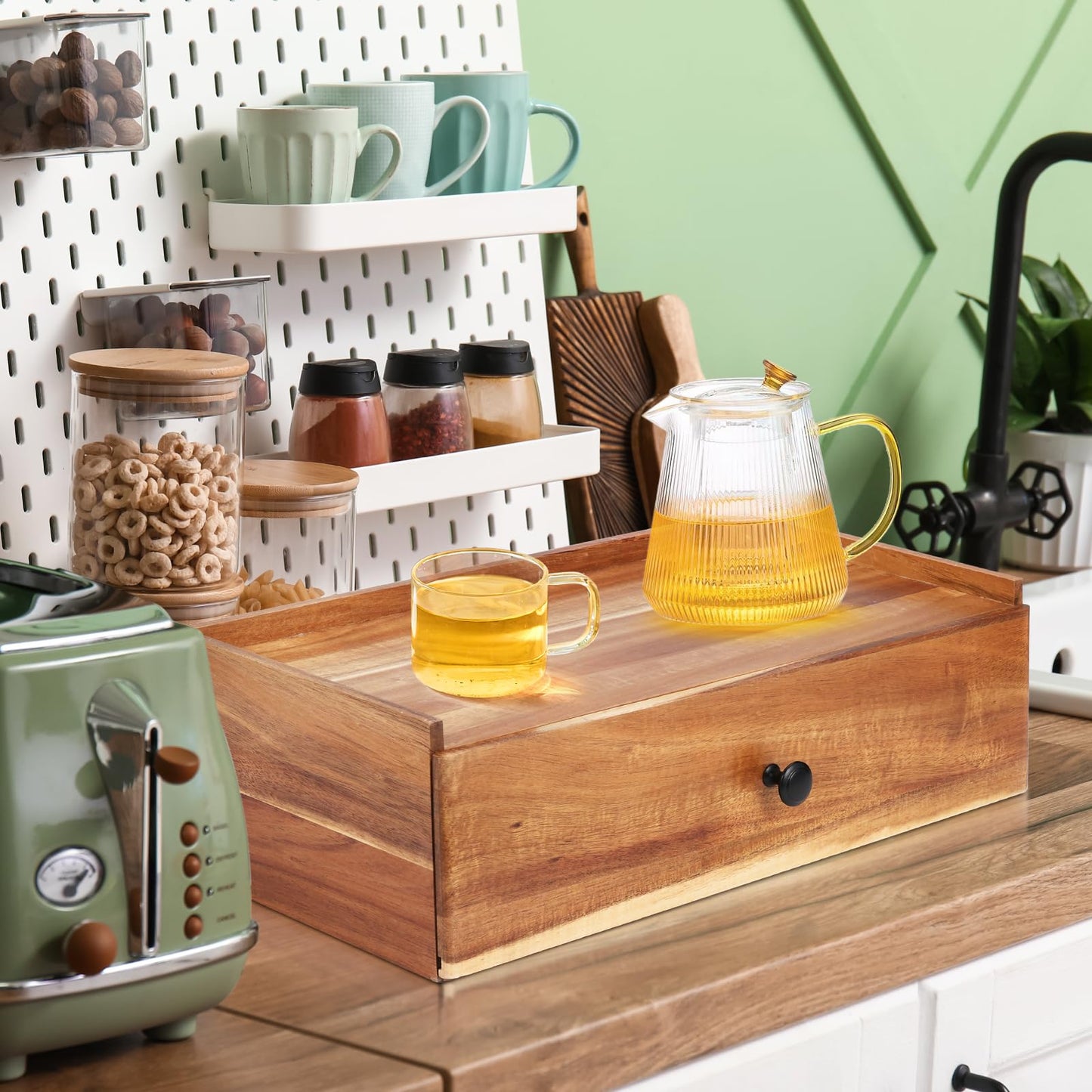 Acacia Wood Tea Bag Organizer with Tea Bag Squeezer, Tea Box Organizer Storage Box, Tea Bag Holder with Drawer, Tea Caddy for Tea Bags, Tea Bag Storage Station, Tea Bar Accessories for Countertop