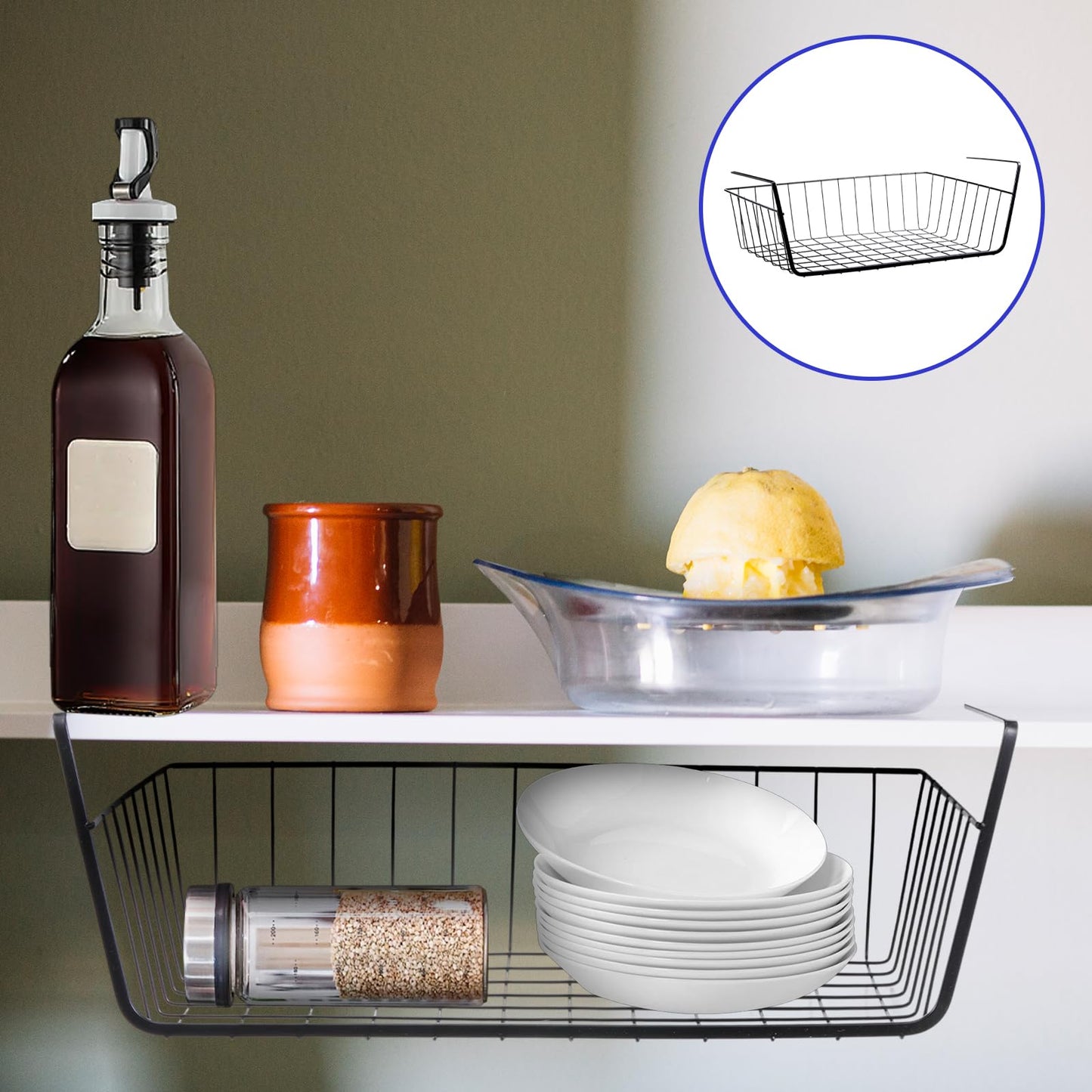 8 Pack Hanging Under Shelf Storage Basket, Steel Hanging Wire Rack Storage Baskets, Slide-in Baskets Organizer for Kitchen Cabinet Desk Organizer Storage, Space Saving, 16"D x 9"W x 5.9"H