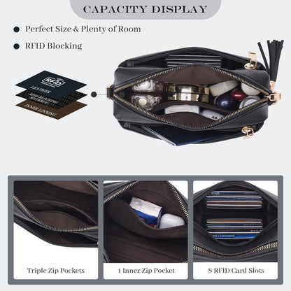 Roulens Triple Zip Small Crossbody Bag for women,Wide Strap Cell Phone Purse Shoulder Handbag Wallet with Credit Card Slots