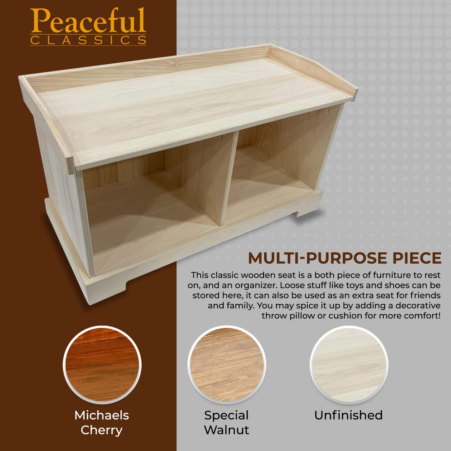 Peaceful Classics Rustic Pine Wooden Entryway Storage Bench, 36" W x 16.5" D x 20.5" H, Unfinished