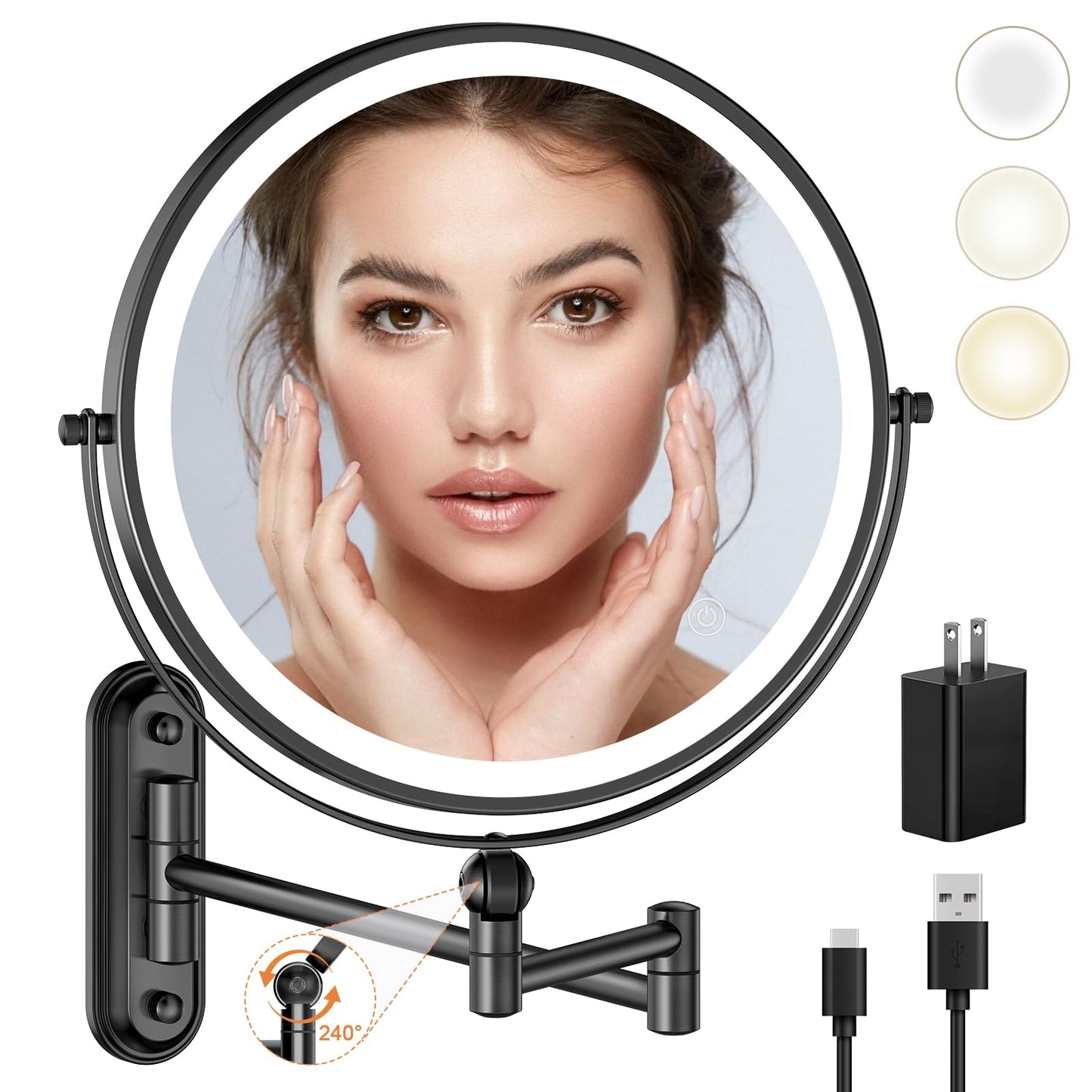9" Wall Mounted Makeup Lighted Mirror, 4000mAh Rechargeable Double Sided LED Vanity Mirror with Height Adjustable&1X/10X Magnification, 3 Color Lights Touch Screen Dimmable 360°Swivel Bathroom Mirror