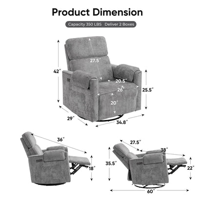 Rhevoy Oversized Power Recliner Chair, 26" Extra Wide Swivel Rocker Recliner with Adjustable Headrest, Chenille Glider Rocking Nursery Chair with Overstuffed Armrest, USB Ports, Grey