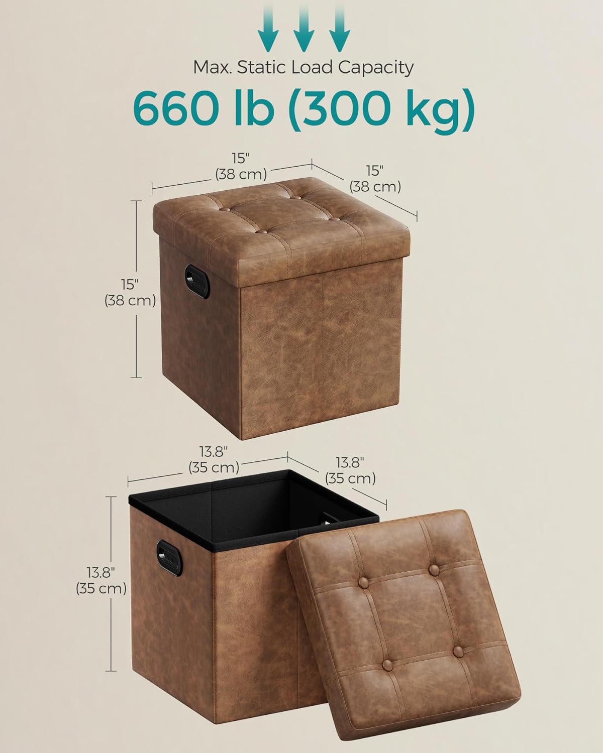 15 Inches 660 lb, ULSF030K01 SONGMICS Mazie Collection - Ottoman with Storage, Footstool, Storage Ottoman with Metal