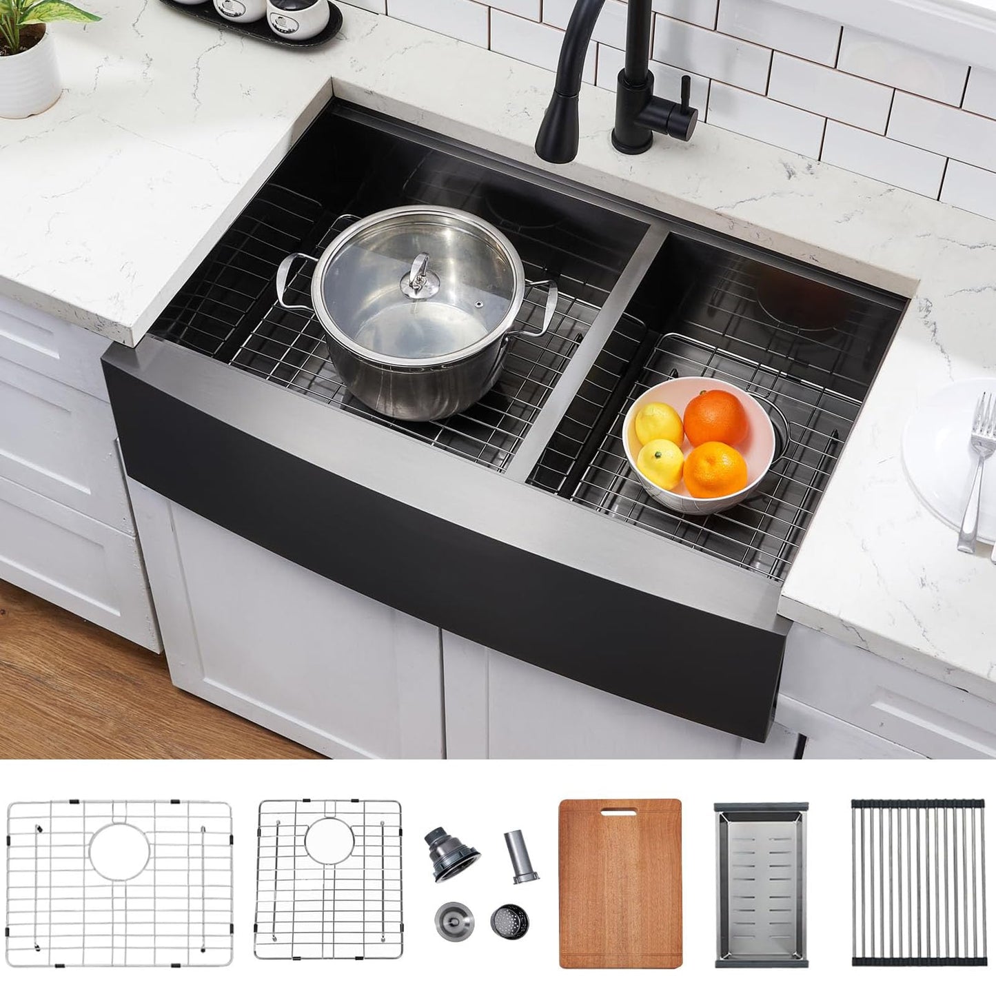 SHACO Double Bowl 60/40 Black Farmhouse Sink, 33x22 Inch Stainless Steel Apron Front Divided Double Basin Farmhouse Kitchen Sink, Gunmetal Black Farm Workstation Sink