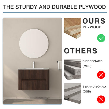 GDFStudio 30" Wall Mounted Bathroom Vanity with Sink,Floating MDF Cabinet with Soft-Close Double Drawers,Vanity with White Ceramic Integrated Basin, Modern Space-Saving Bathroom Storage,Dark Walnut